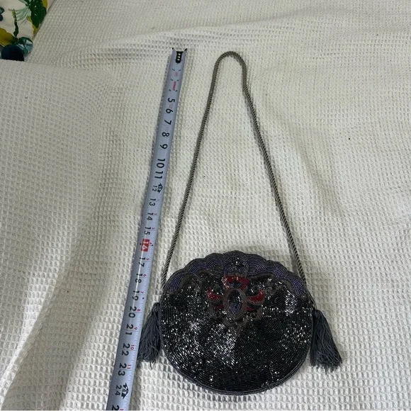 Vintage Bijoux Terner black beaded evening handbag shoulder bag kiss lock silver - Picture 6 of 14